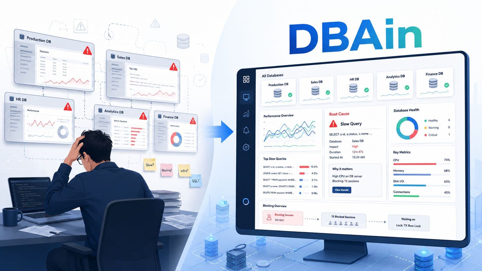DBAin 跨資料庫即時效能監控平台產品示意圖