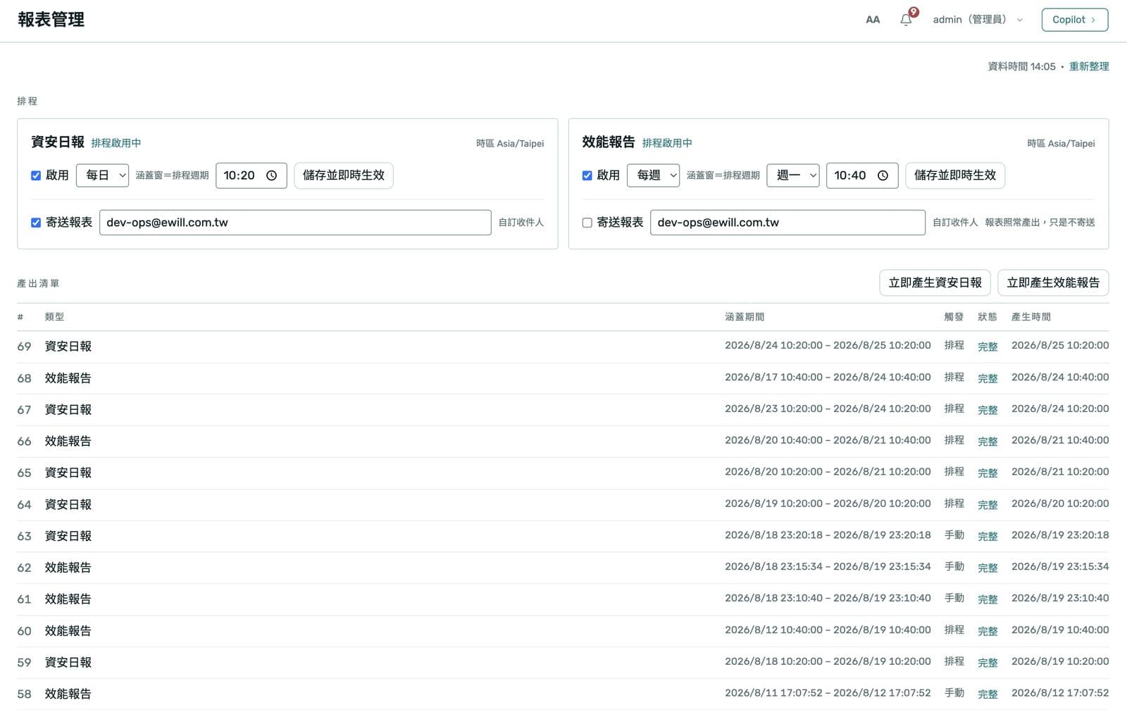報表排程設定與預覽畫面。包含排程選項(每日 / 每週 / 每月)。